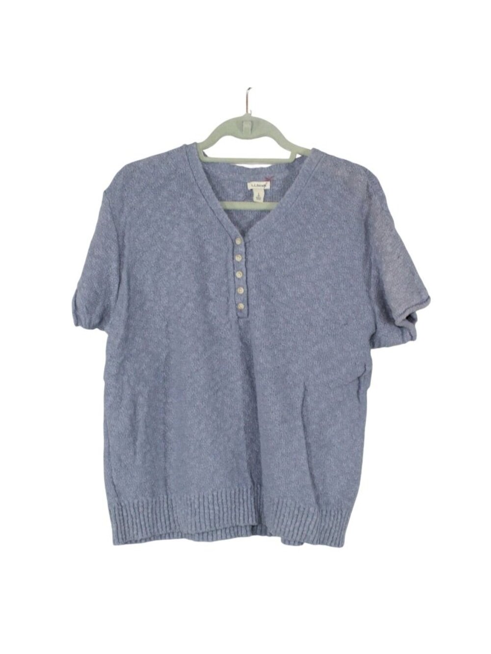 LL Bean Blue Midweight Cotton Slub Sweater Henley Short Sleeve Size Large